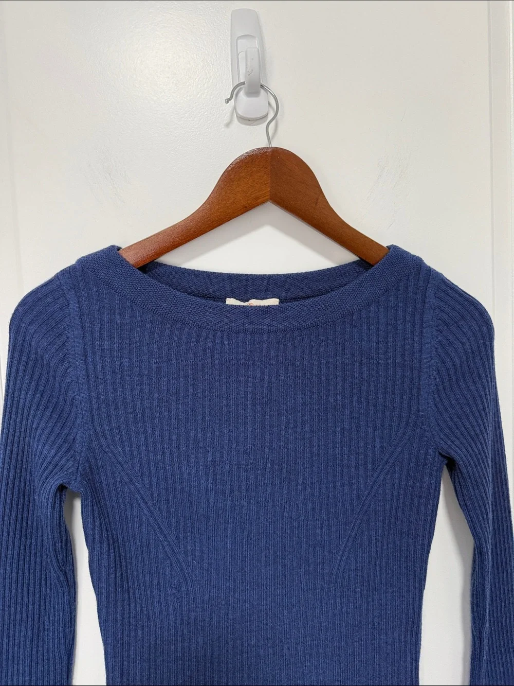 Tory Burch Blue Ramona Merino Wool Ribbed Peplum Sweater wide boat size Small